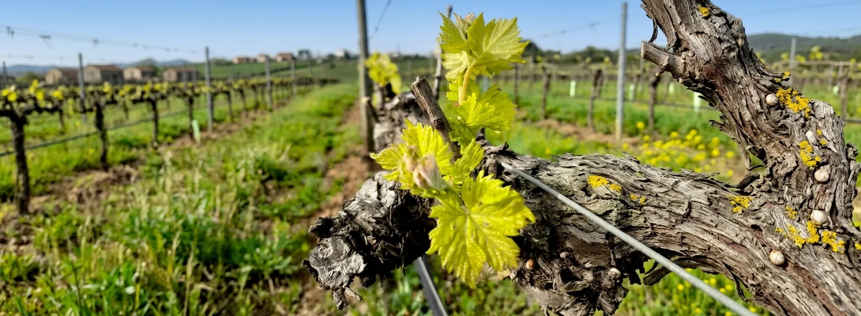 Rebentos novos numa cepa velha, entre filas de vinha na primavera