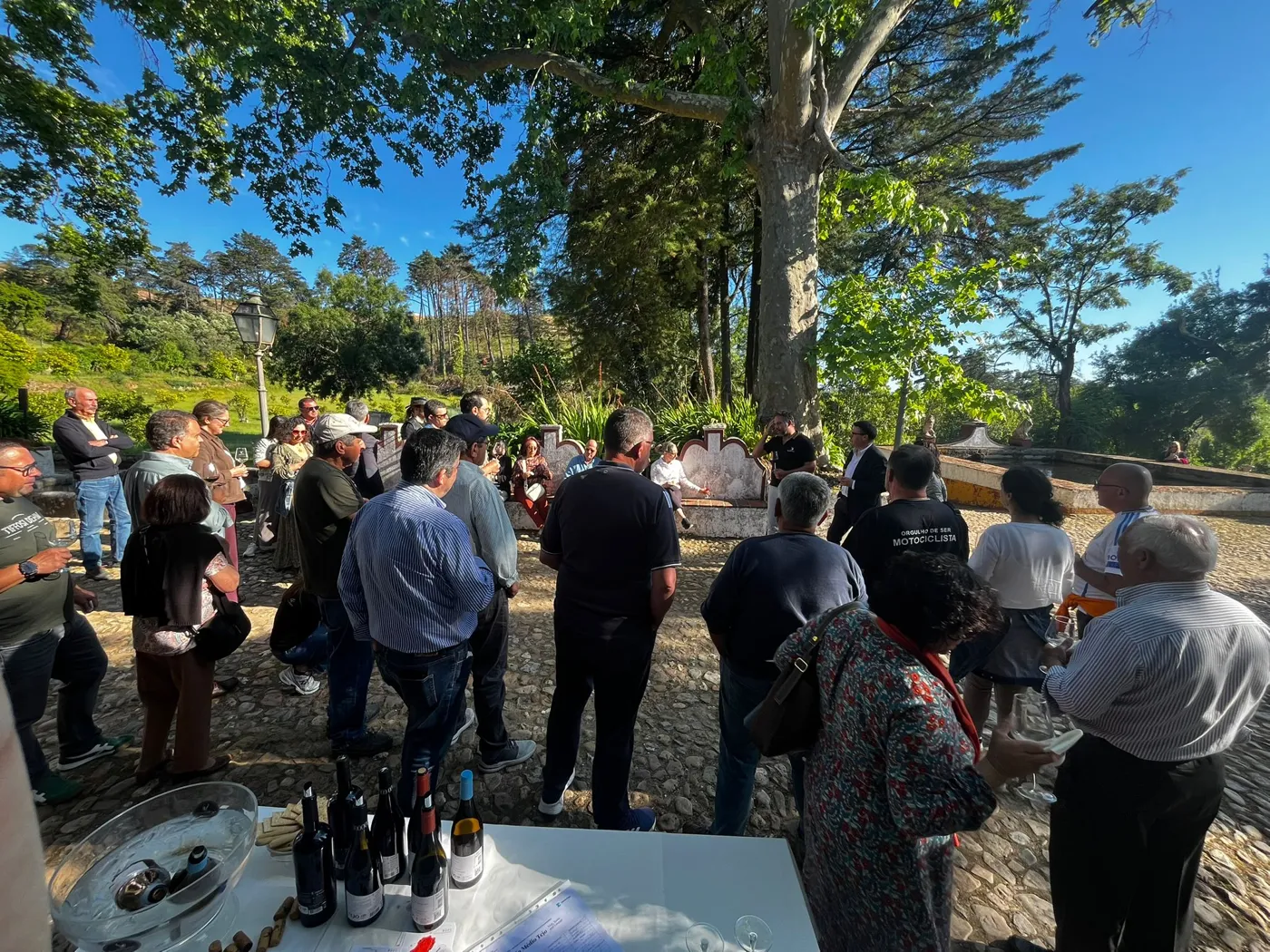 Convidados numa prova de vinhos no pátio da Quinta do Valle da Louza
